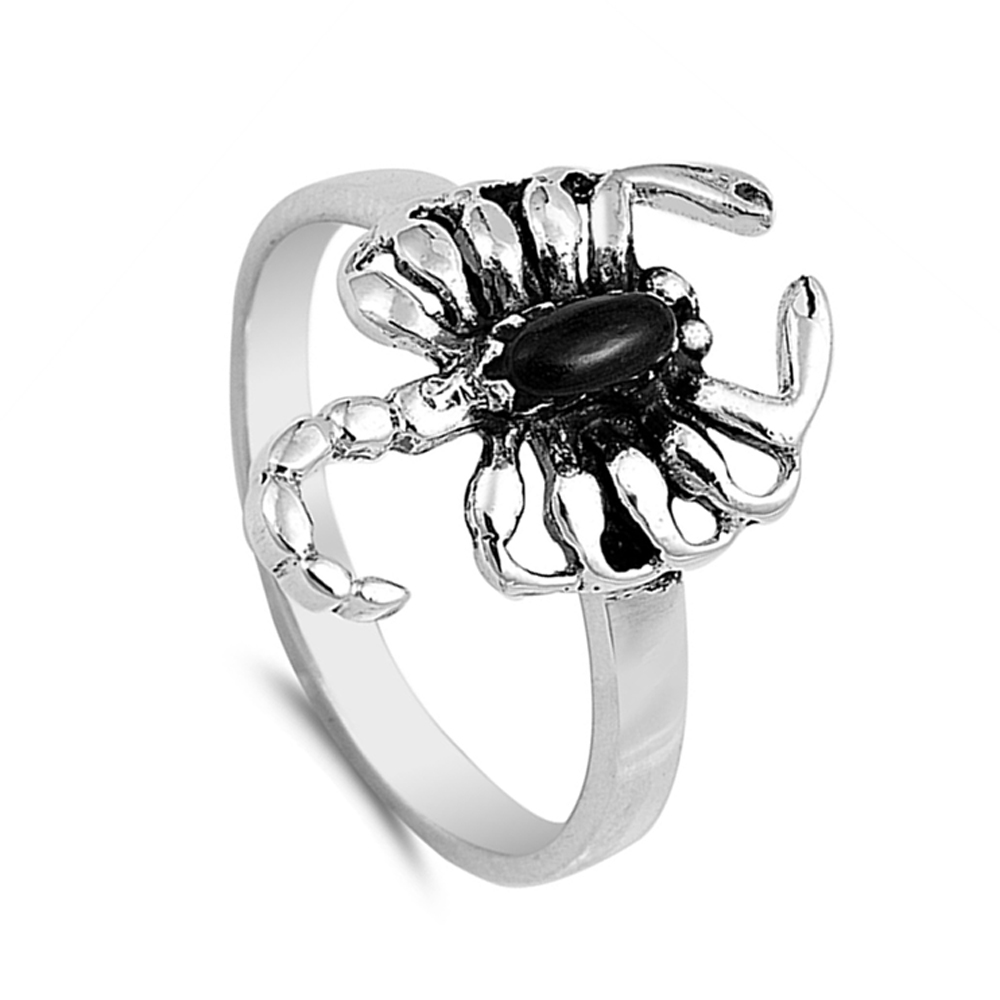 Men Women 18mm 925 Sterling Silver Black Onyx Scorpion Vintage Style Ring Band