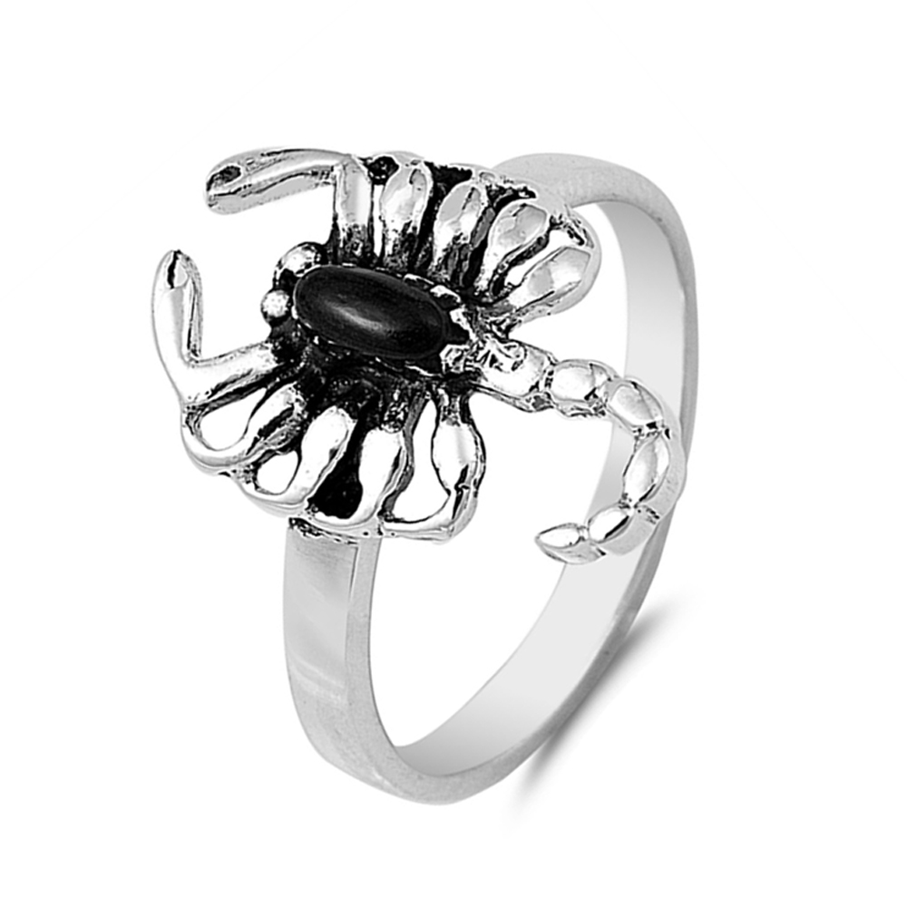 Men Women 18mm 925 Sterling Silver Black Onyx Scorpion Vintage Style Ring Band