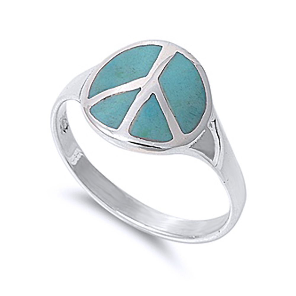 Men Women 13mm 925 Silver Turquoise Peace Sign Statement Vintage Style Ring Band