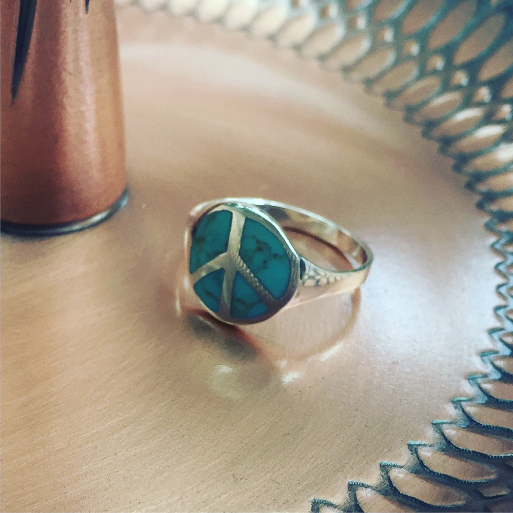 Men Women 13mm 925 Silver Turquoise Peace Sign Statement Vintage Style Ring Band