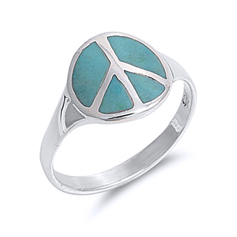 Men Women 13mm 925 Silver Turquoise Peace Sign Statement Vintage Style Ring Band