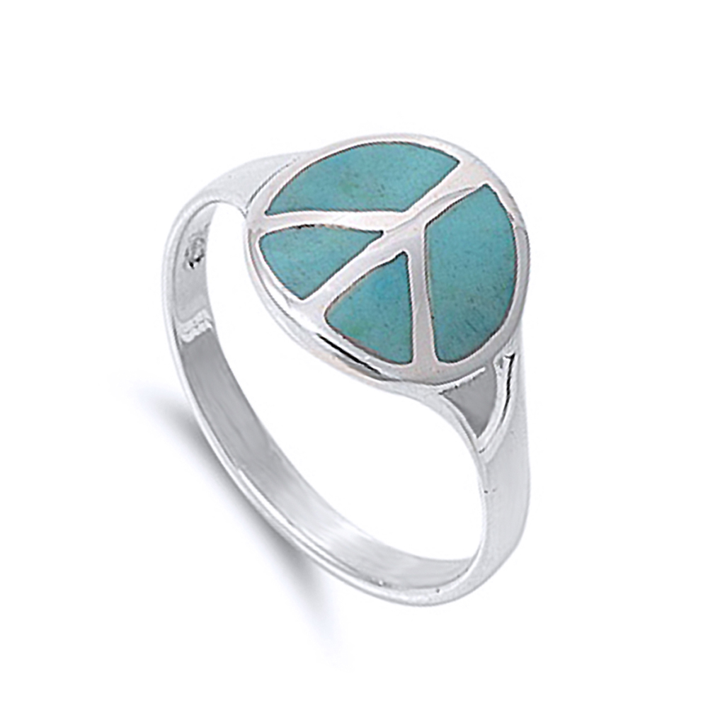 Men Women 13mm 925 Silver Turquoise Peace Sign Statement Vintage Style Ring Band