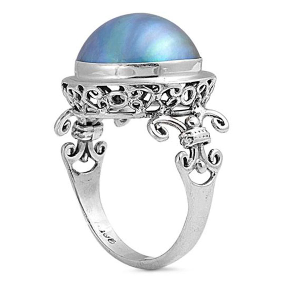 Women 17mm 925 Silver Bali Cultured Mabe Pearl Cocktail Vintage Style Ring Band