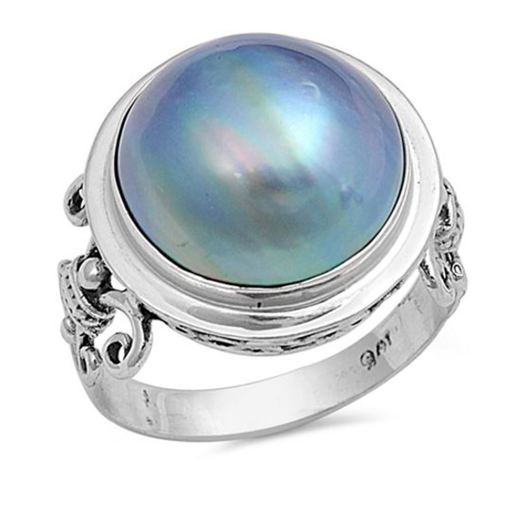 Women 17mm 925 Silver Bali Cultured Mabe Pearl Cocktail Vintage Style Ring Band