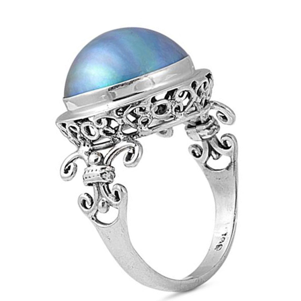Women 17mm 925 Silver Bali Cultured Mabe Pearl Cocktail Vintage Style Ring Band