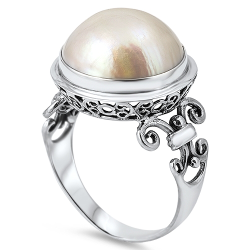 925 Silver Bali Cream Color Freshwater Cultured Mabe Pearl Cocktail Ring 17mm