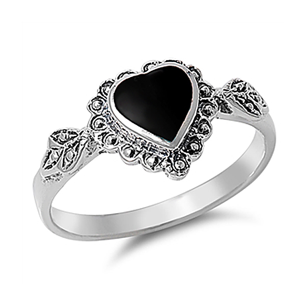 Women 10mm 925 Silver Simulated Black Onyx Vintage Style Heart Promise Ring Band