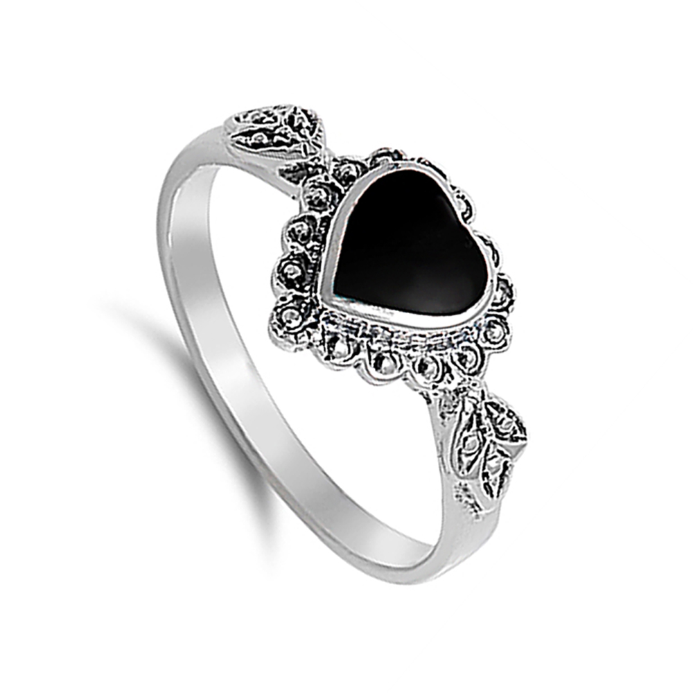 Women 10mm 925 Silver Simulated Black Onyx Vintage Style Heart Promise Ring Band