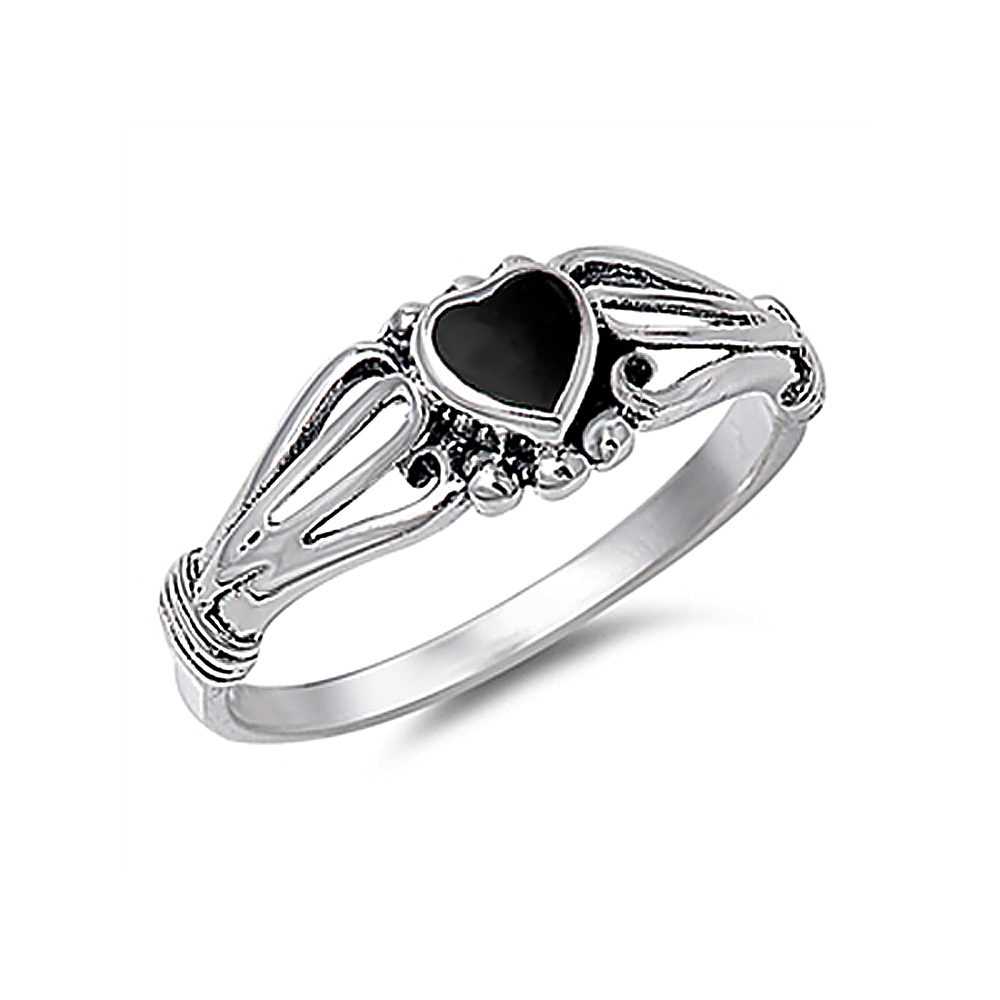 Women 7mm 925 Sterling Silver Black Onyx Heart Promise Vintage Style Ring Band