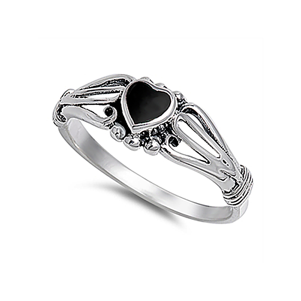 Women 7mm 925 Sterling Silver Black Onyx Heart Promise Vintage Style Ring Band
