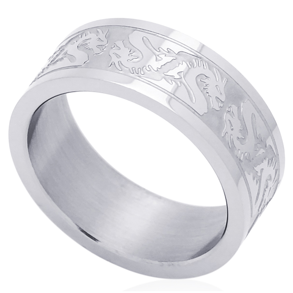 Men Fashion 8MM Stainless Steel Dragon Patterned Flat Wedding Band Ring