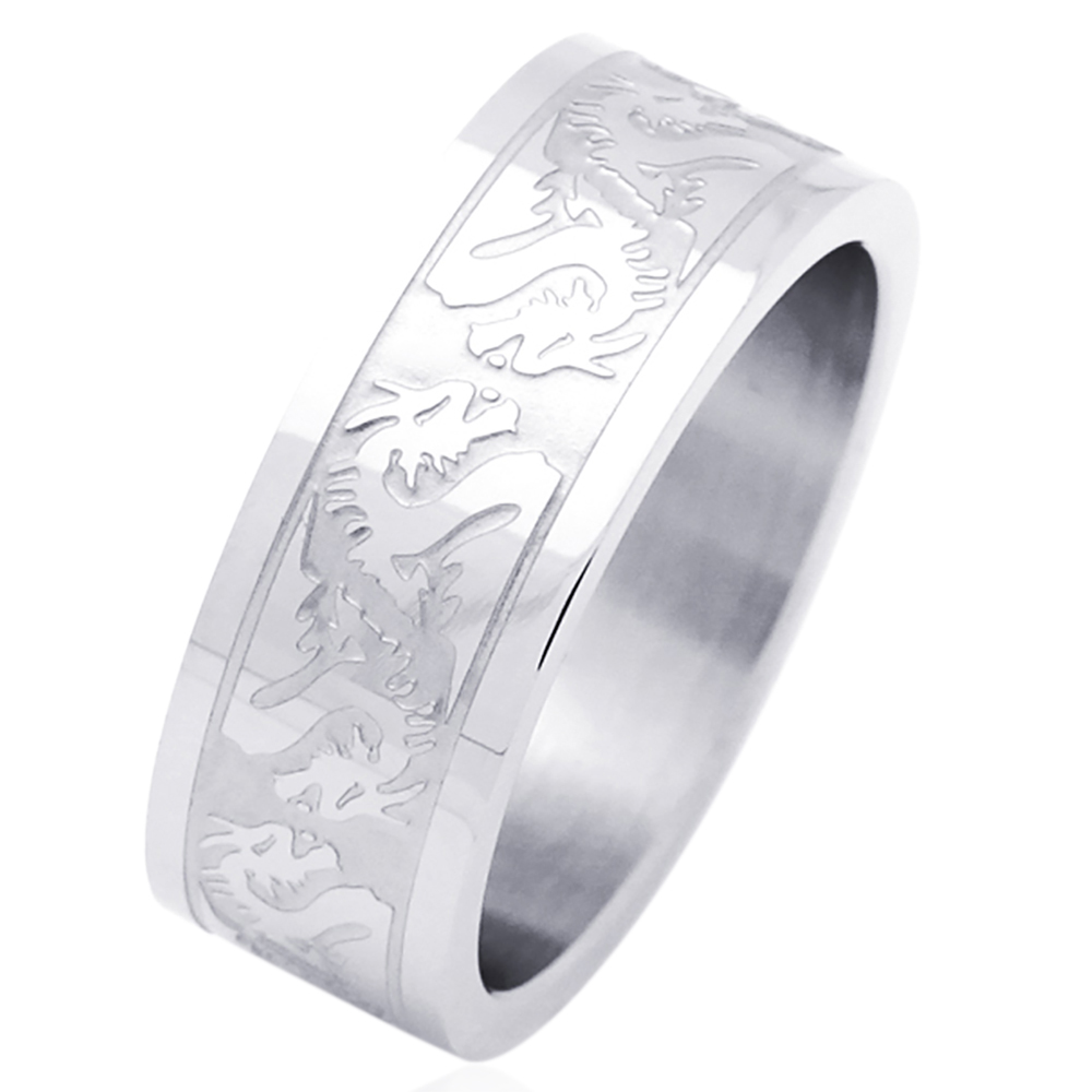 Men Fashion 8MM Stainless Steel Dragon Patterned Flat Wedding Band Ring