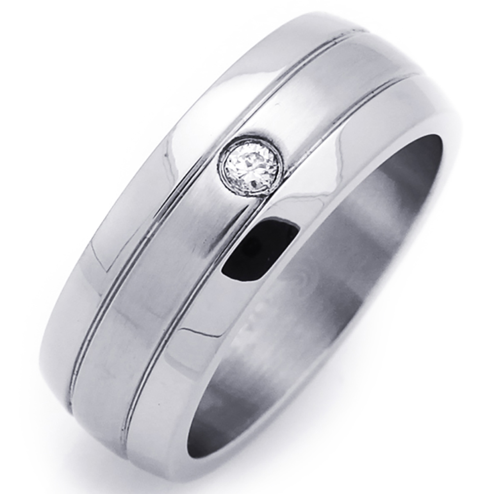 Men Fashion 8MM Stainless Steel Single CZ Bezel Set Wedding Band Ring ...