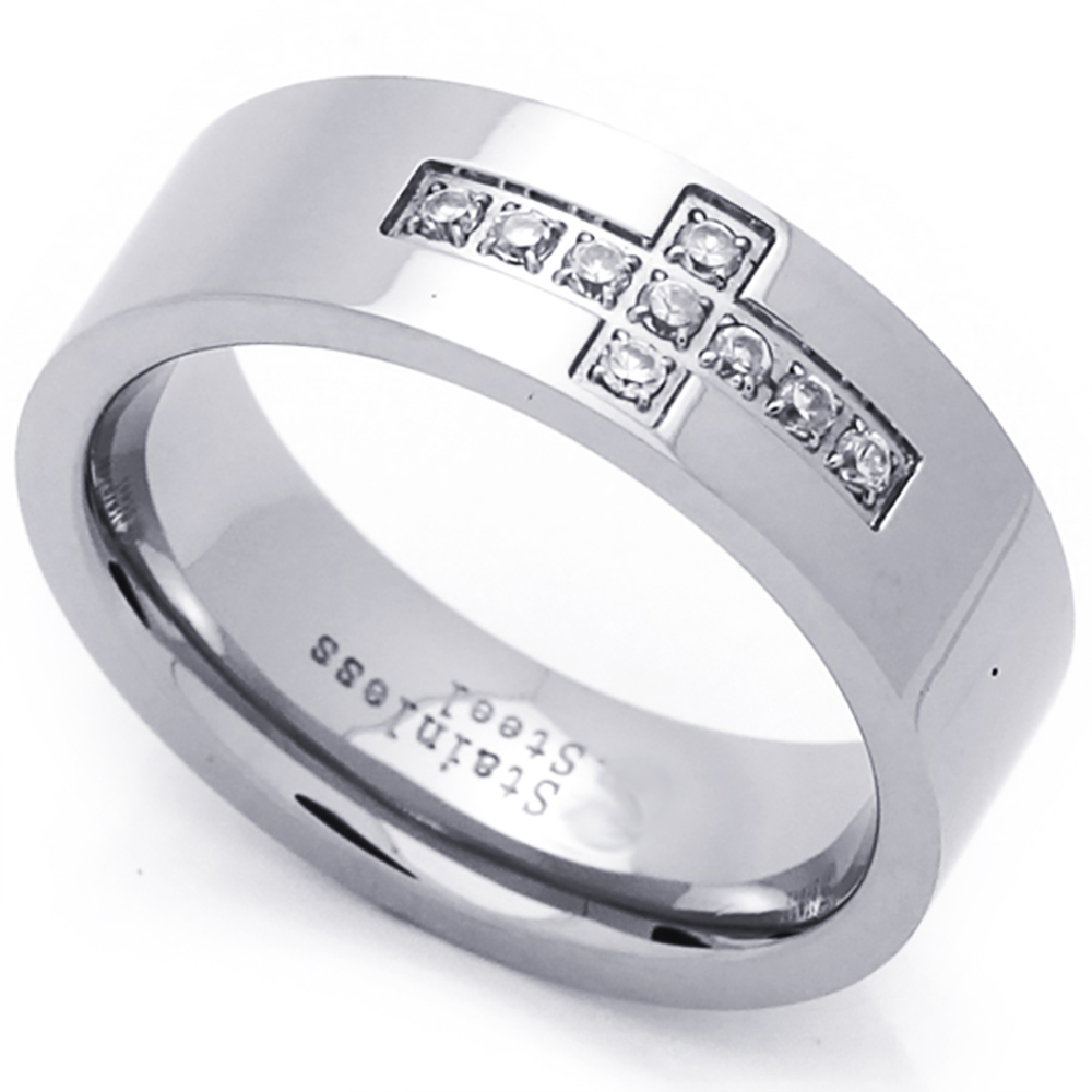 Men Fashion 7MM Stainless Steel CZ Cross Wedding Band Ring