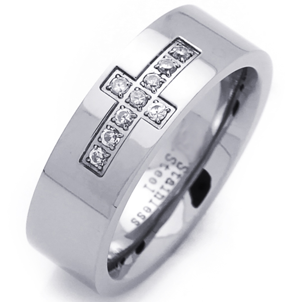 Men Fashion 7MM Stainless Steel CZ Cross Wedding Band Ring