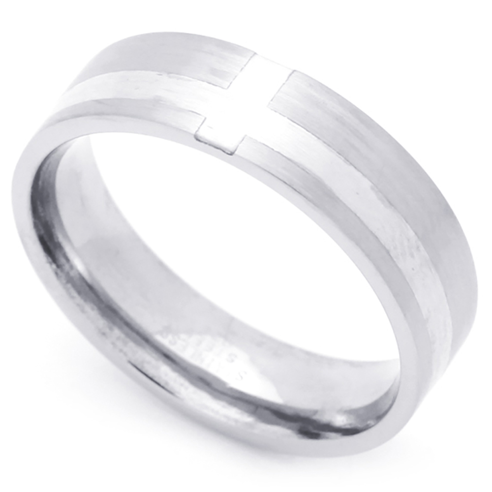 Men Fashion 6MM Stainless Steel Silver Cross Inlaid Flat Wedding Band Ring