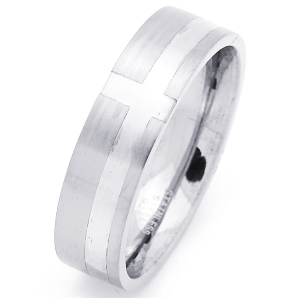 Men Fashion 6MM Stainless Steel Silver Cross Inlaid Flat Wedding Band Ring