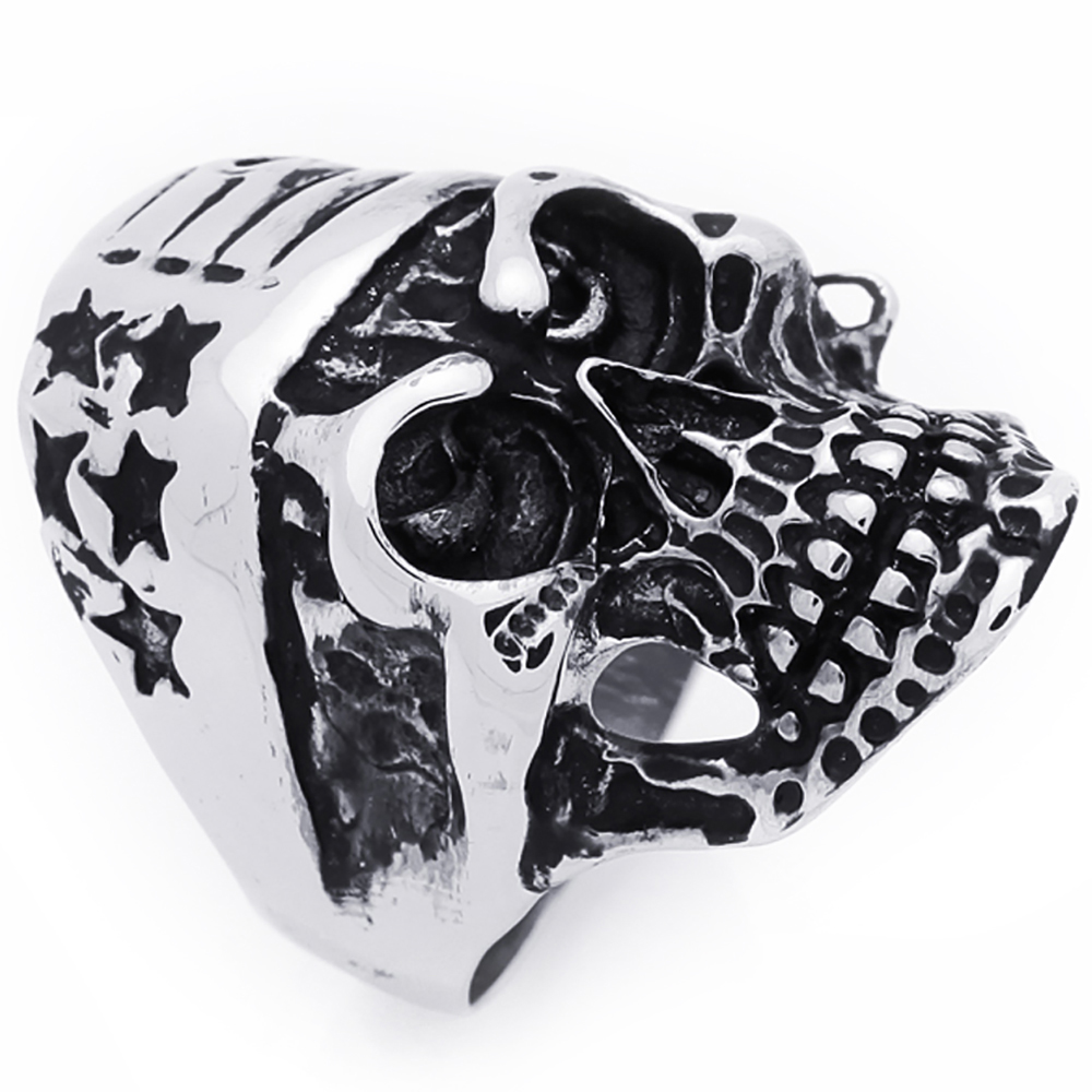 Men Women Fashion 33MM Stainless Steel Antique Skull With Stars And Stripes Ring