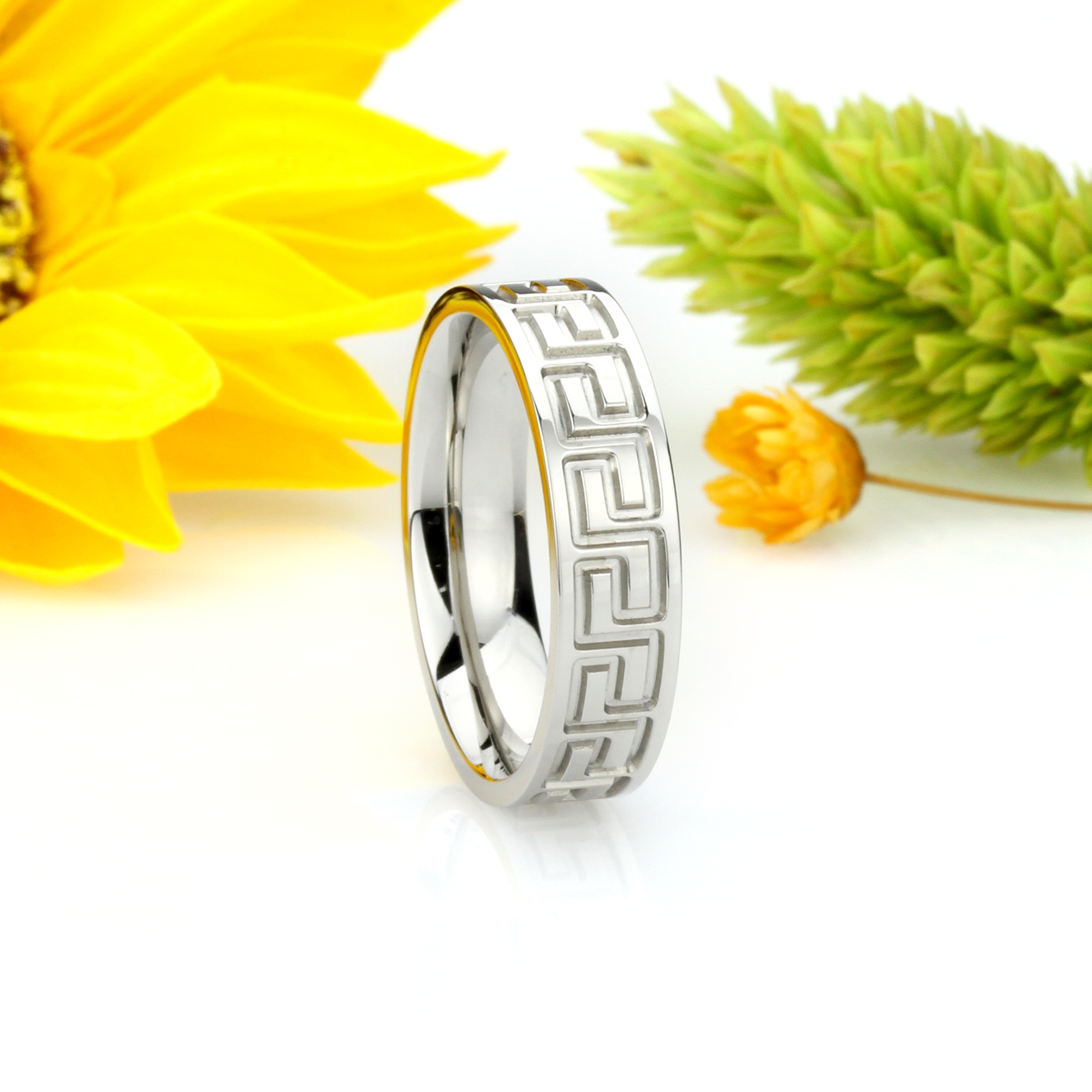 Men Women Fashion 6MM Comfort Fit Stainless Steel Wedding Band Greek Key Ring