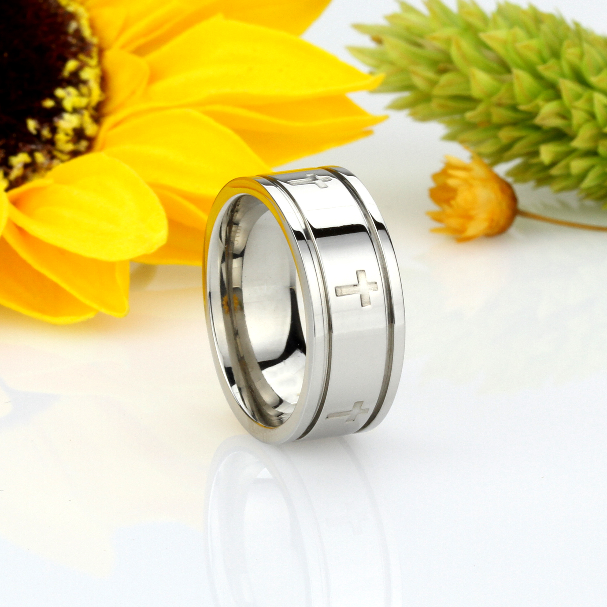 Men Fashion 8MM Comfort Fit Stainless Steel Wedding Band Cross Ring
