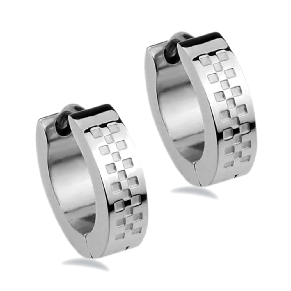 Men's 316L Stainless Steel Checkered Running Snap Closure Huggie Hoop