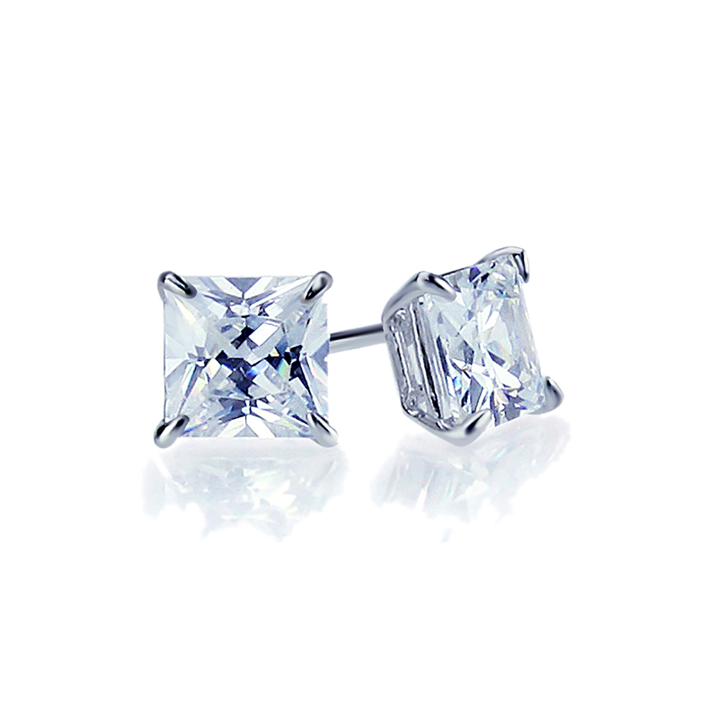 14K White Gold 4mm Square Cubic Zirconia Basket Set Solitaire Stud Earrings