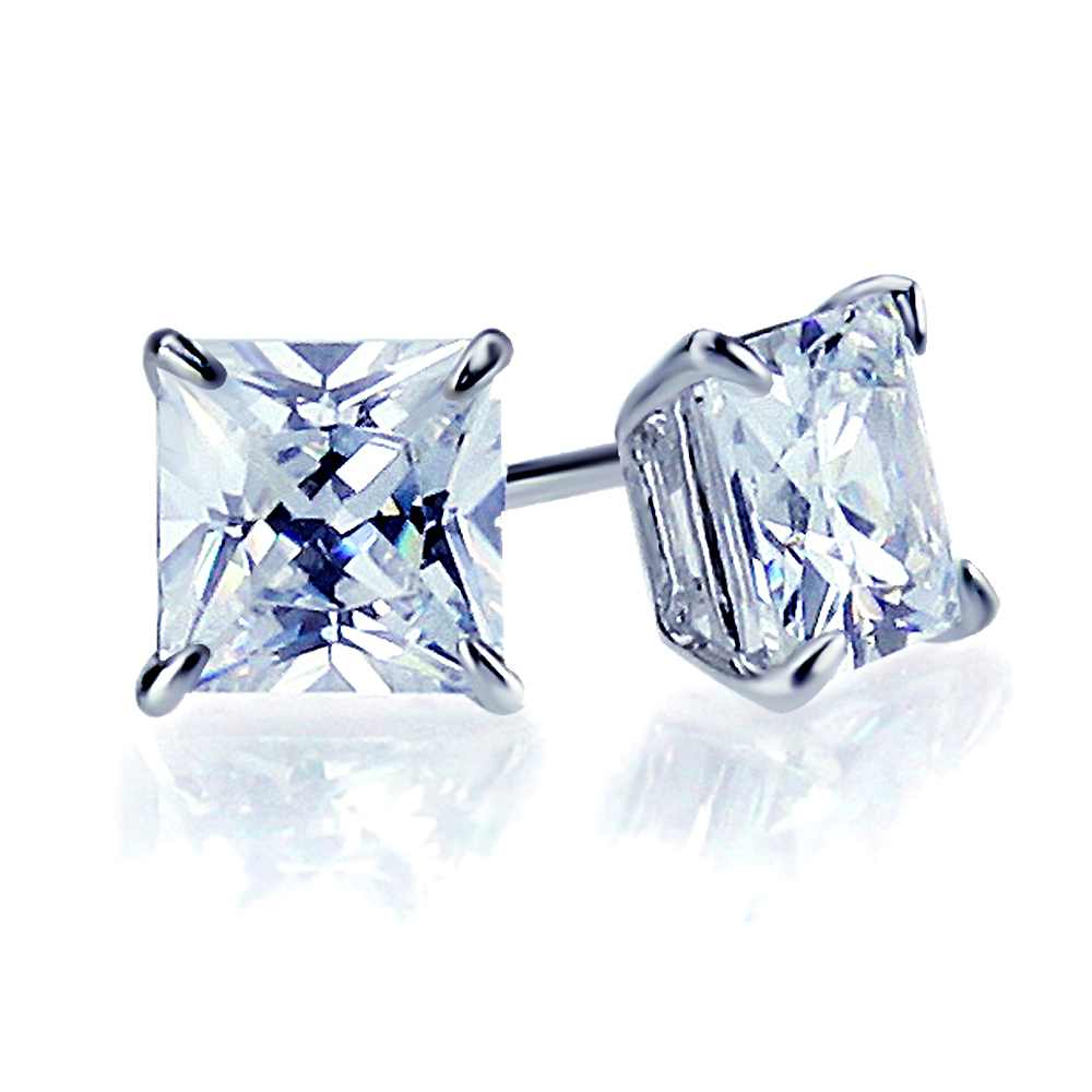 14K White Gold 7mm Square Cubic CZ Basket Set Solitaire Safetyback Stud Earrings
