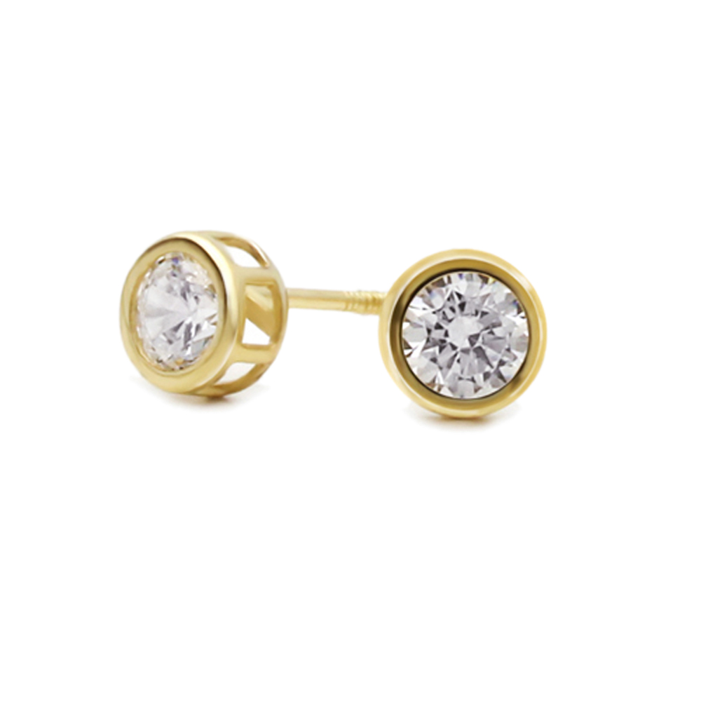 Women 14K Yellow Gold 5mm Round Cut Cubic Zirconia Bezel Screwback Stud