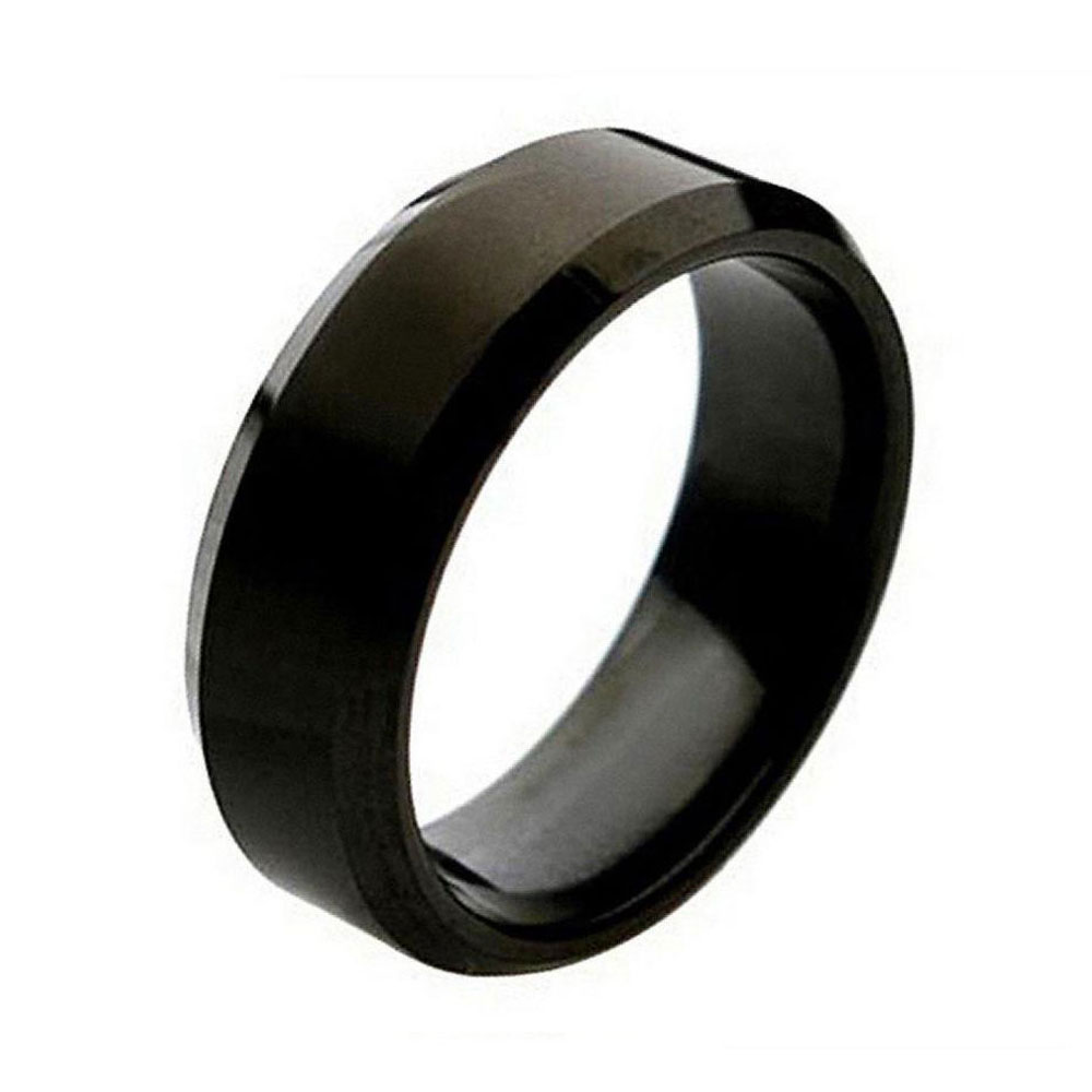 Men 8mm Titanium Band Black Enamel Plated Ring Brushed Center Beveled Edge
