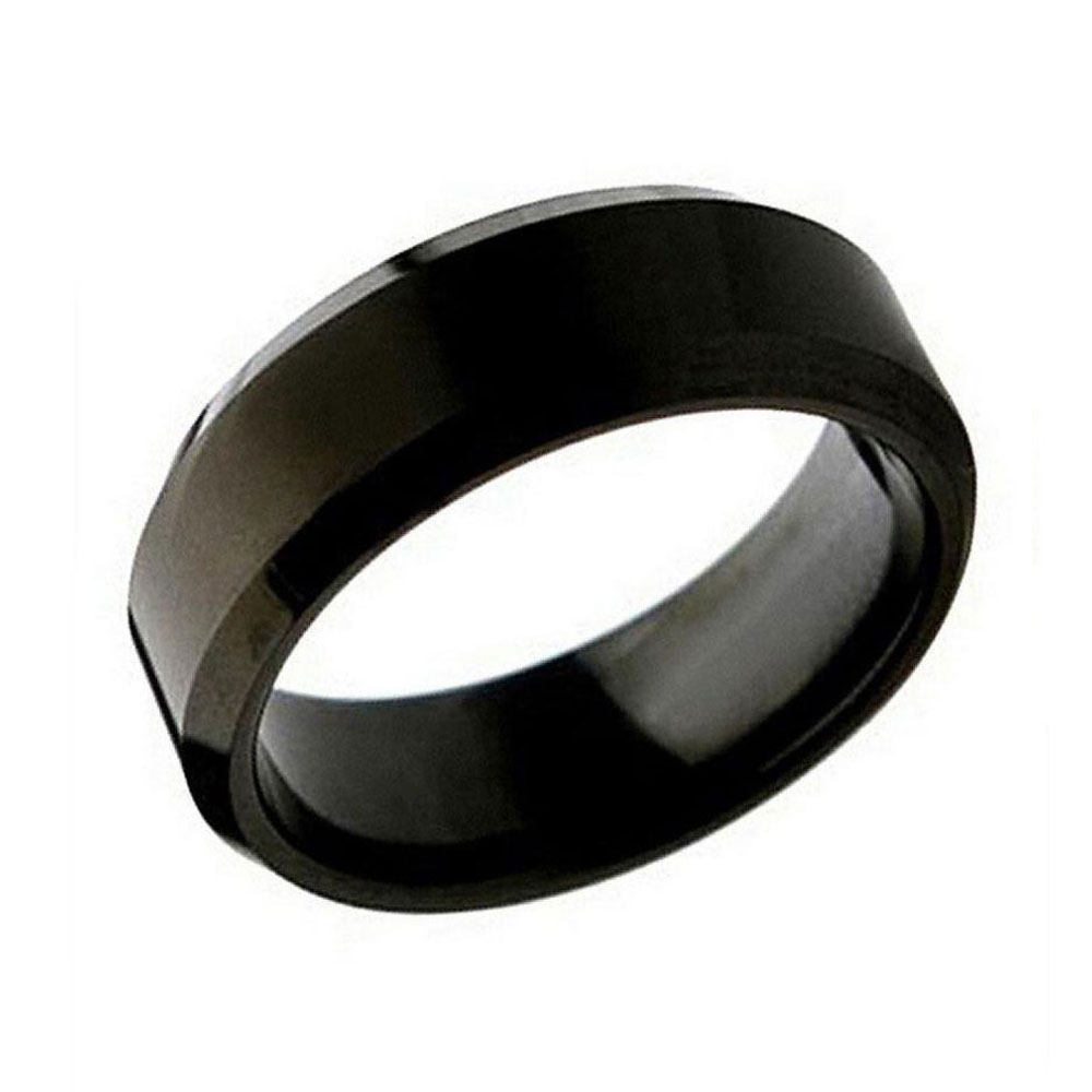 Men 8mm Titanium Band Black Enamel Plated Ring Brushed Center Beveled Edge