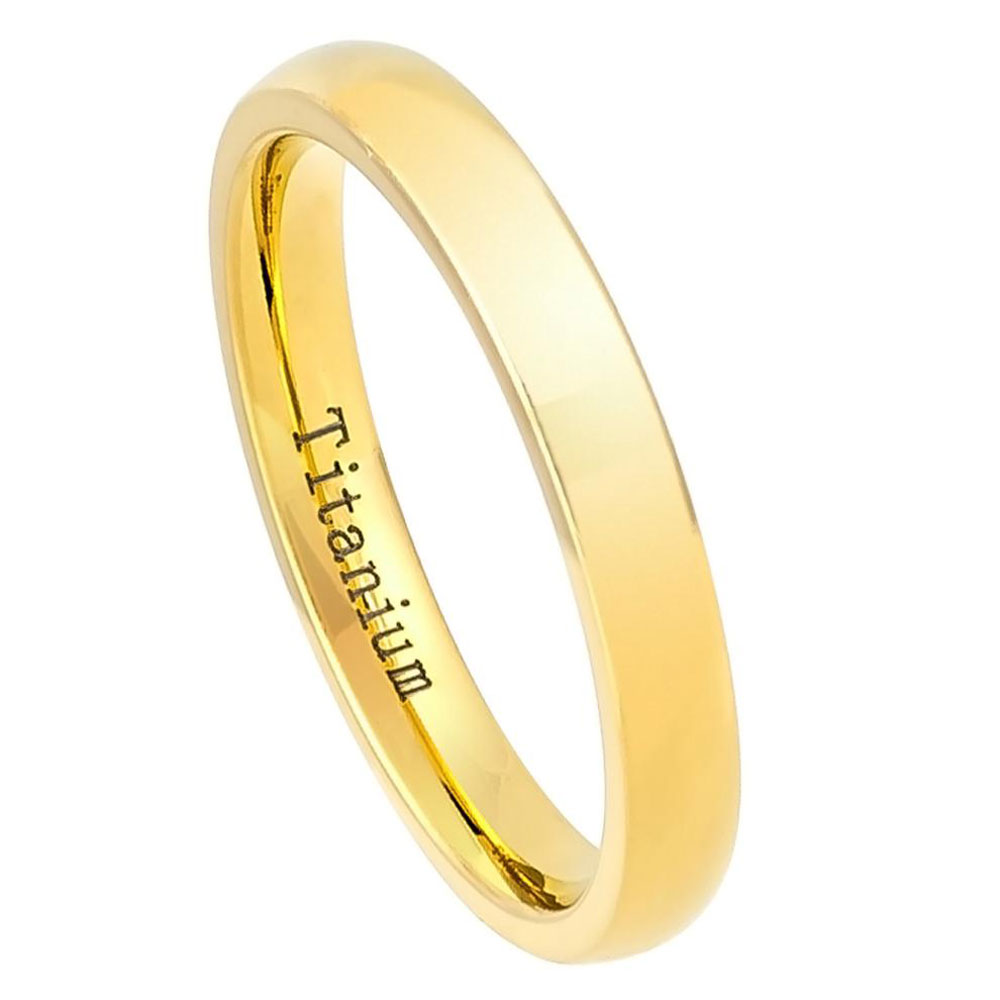 Men 3mm Titanium Wedding Band Domed Engagement Ring Polished Yellow Gold Plated
