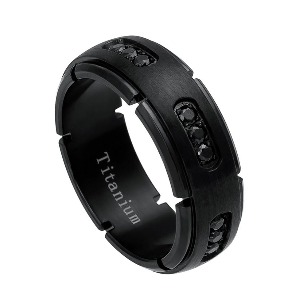 Mens 8mm Titanium Band Black IP Ring 18 Black Cubic Zirconia CZs / Gift box
