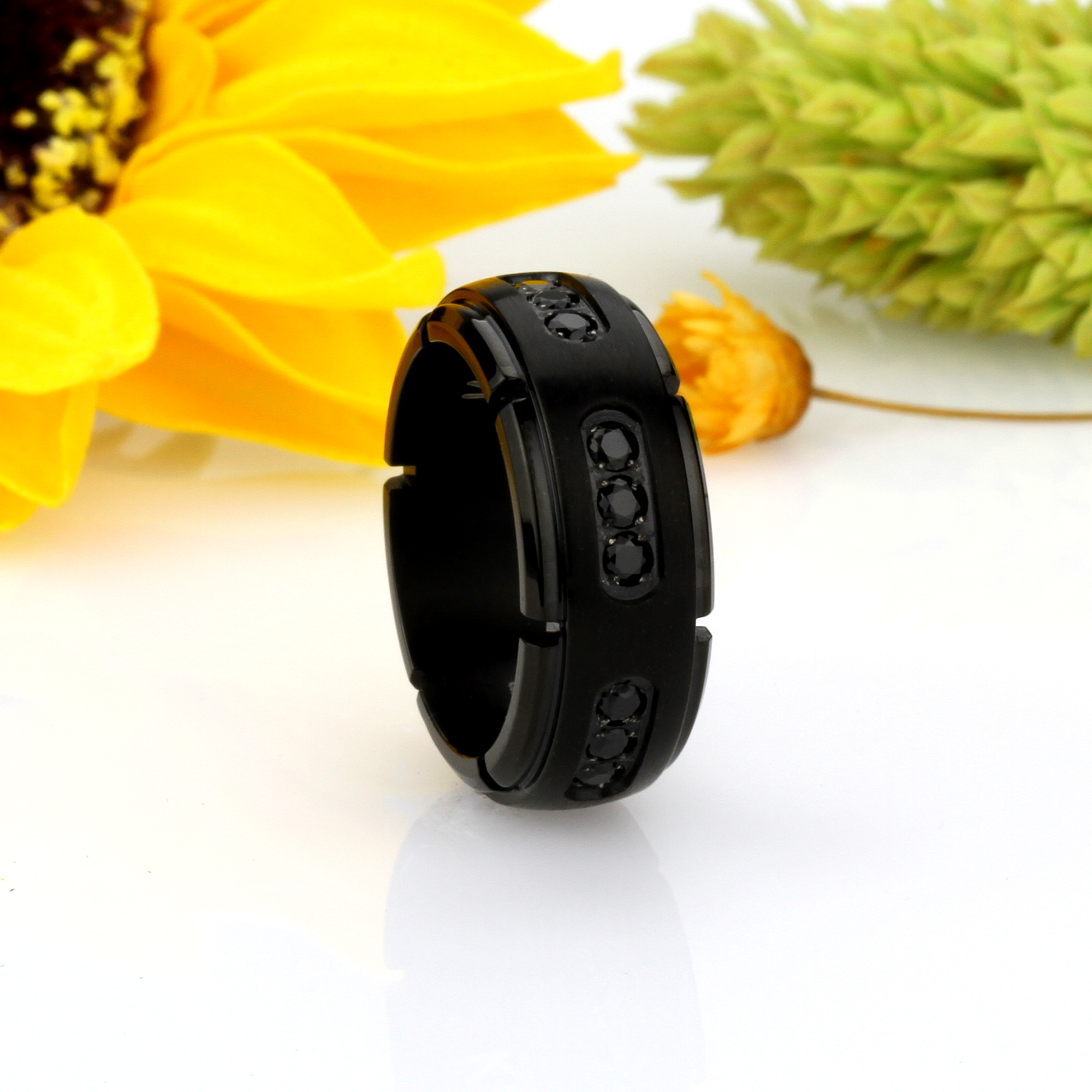Mens 8mm Titanium Band Black IP Ring 18 Black Cubic Zirconia CZs / Gift box