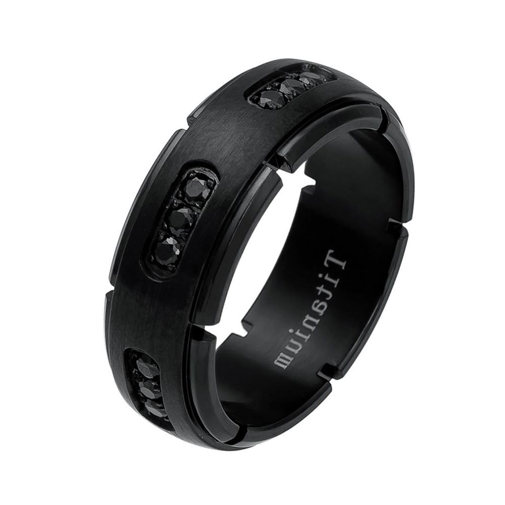 Mens 8mm Titanium Band Black IP Ring 18 Black Cubic Zirconia CZs / Gift box