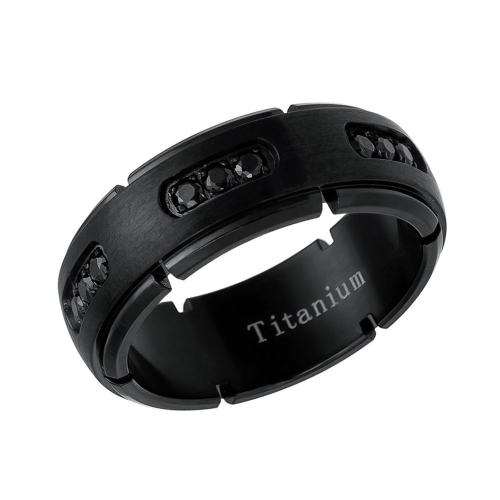Mens 8mm Titanium Band Black IP Ring 18 Black Cubic Zirconia CZs / Gift box