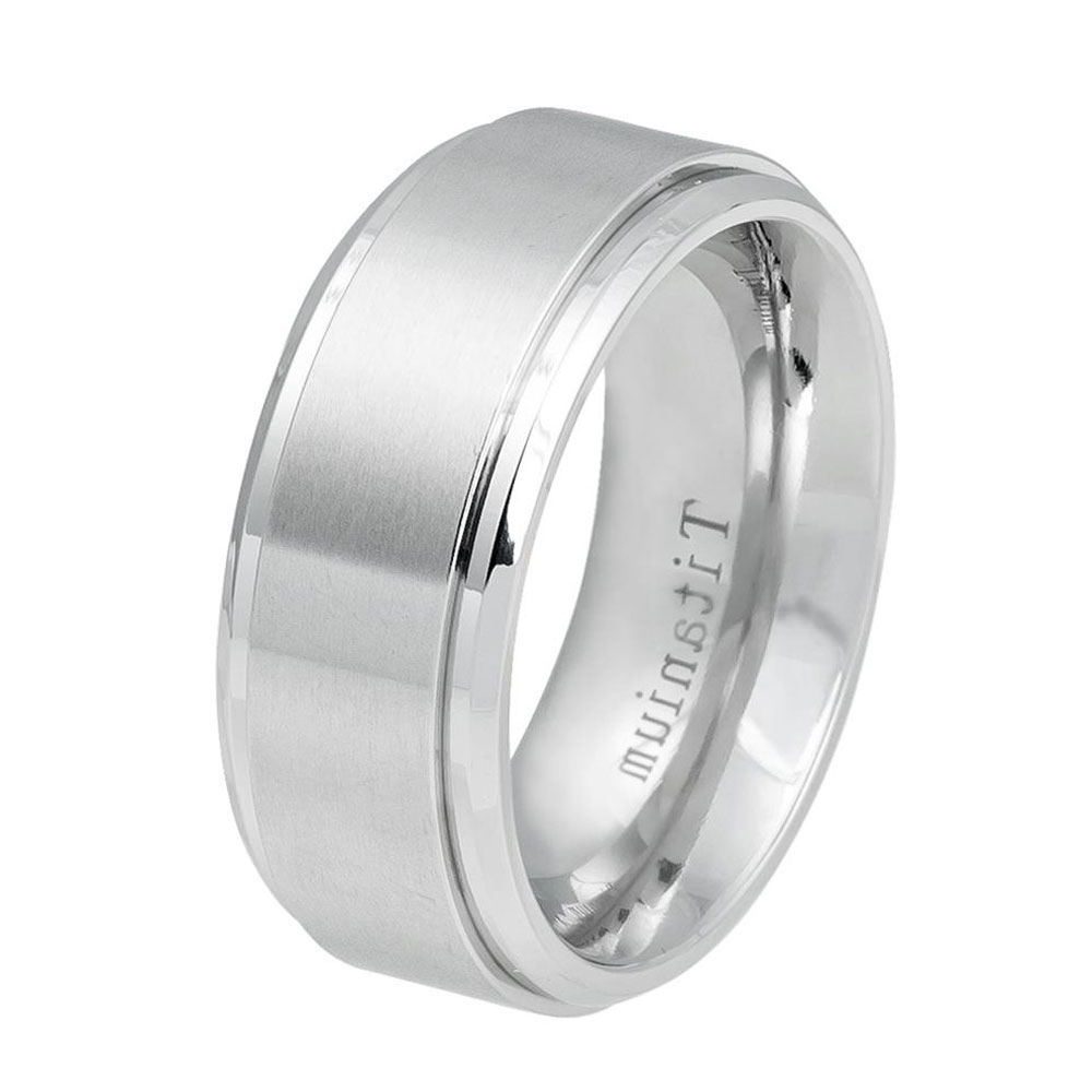 Mens 9mm Titanium Band White Titanium Ring Brushed Center Shiny Step Edge