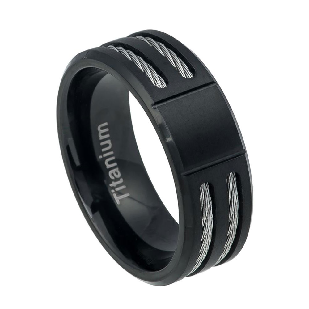 Mens 8mm Titanium Band Grooved Center Black IP Ring Double Rope Inlay