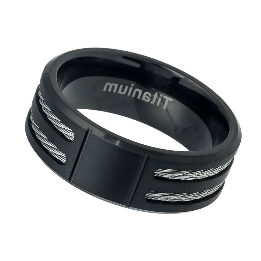 Mens 8mm Titanium Band Grooved Center Black IP Ring Double Rope Inlay