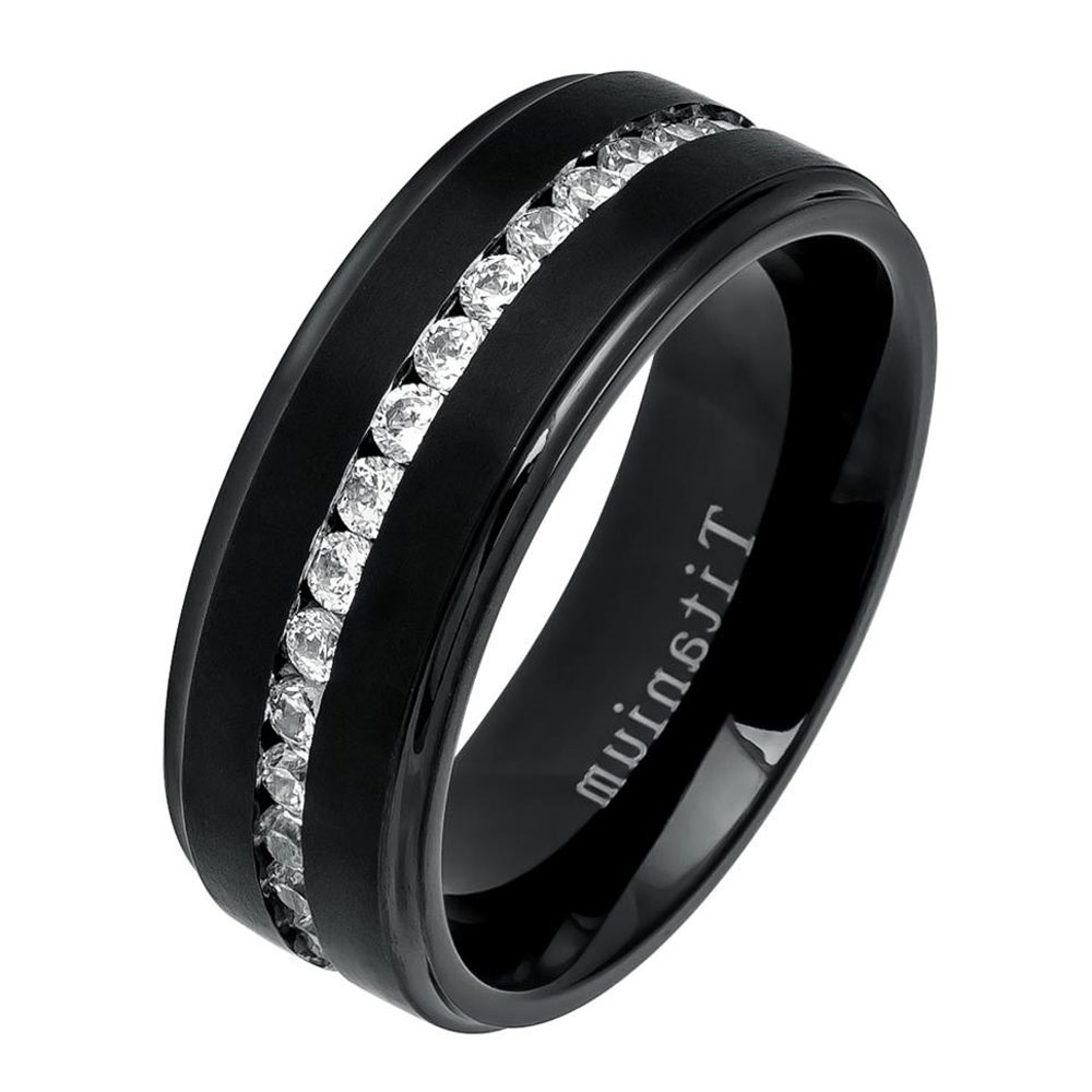 8mm Titanium Band Black IP Ring Eternity Style Cubic Zirconia CZs ...