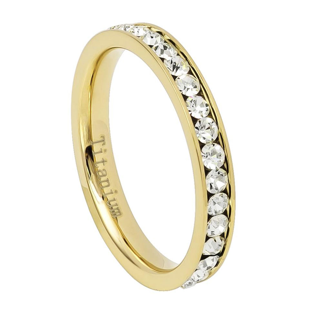 3mm Titanium Band Yellow IP Plated Eternity Ring Cubic Zirconia CZs / Gift box