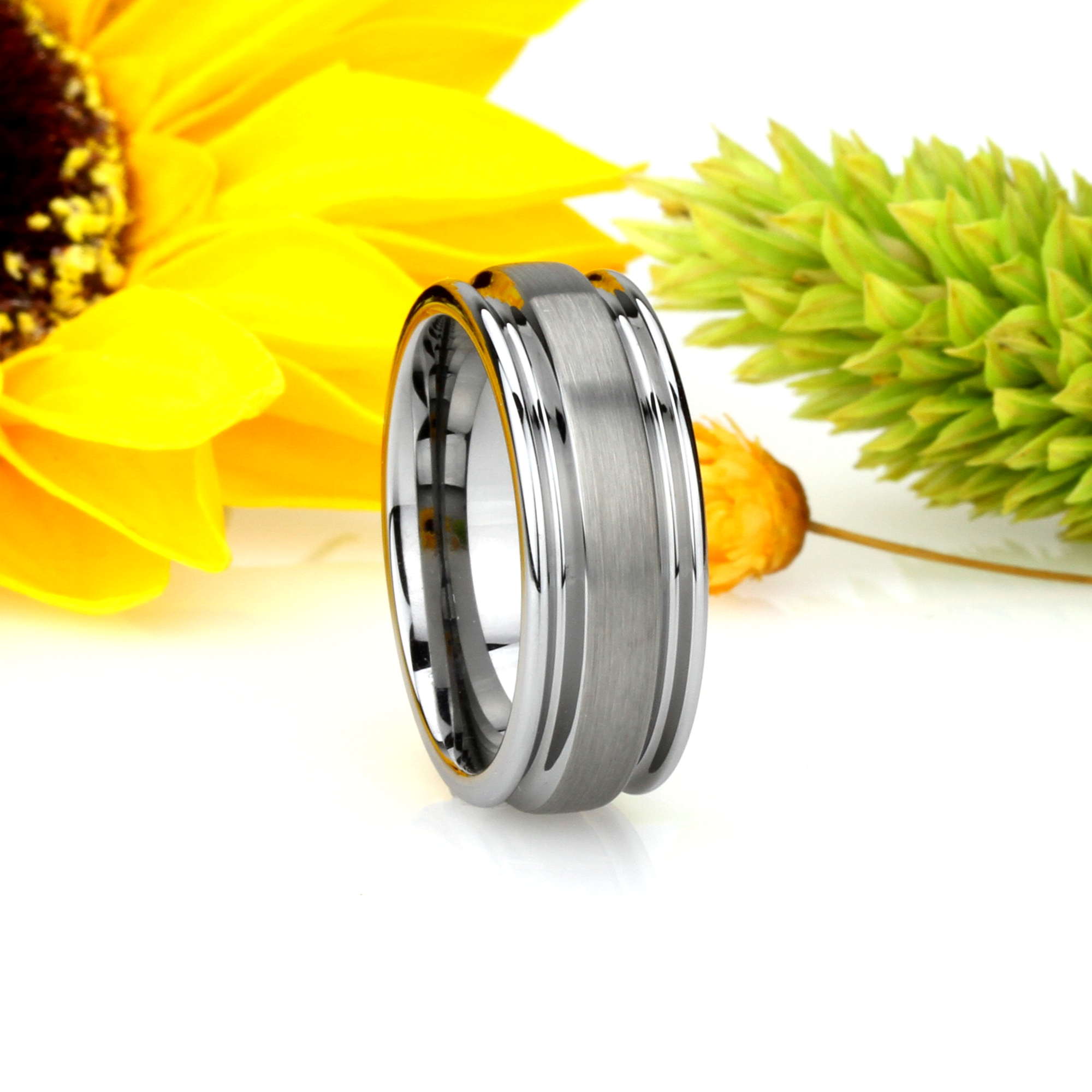 Men 8MM Tungsten Carbide Wedding Band Domed Groove Ring / Free Gift Box
