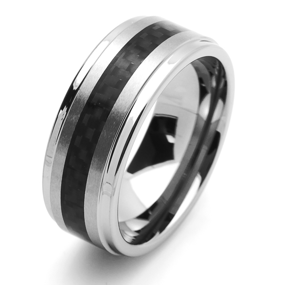 Men 9MM Comfort Fit Tungsten Carbide Wedding Band Black Carbon Fiber ...
