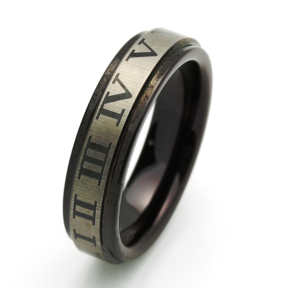 Men 6MM Comfort Fit Tungsten Carbide Wedding Band Roman Number Black Ring