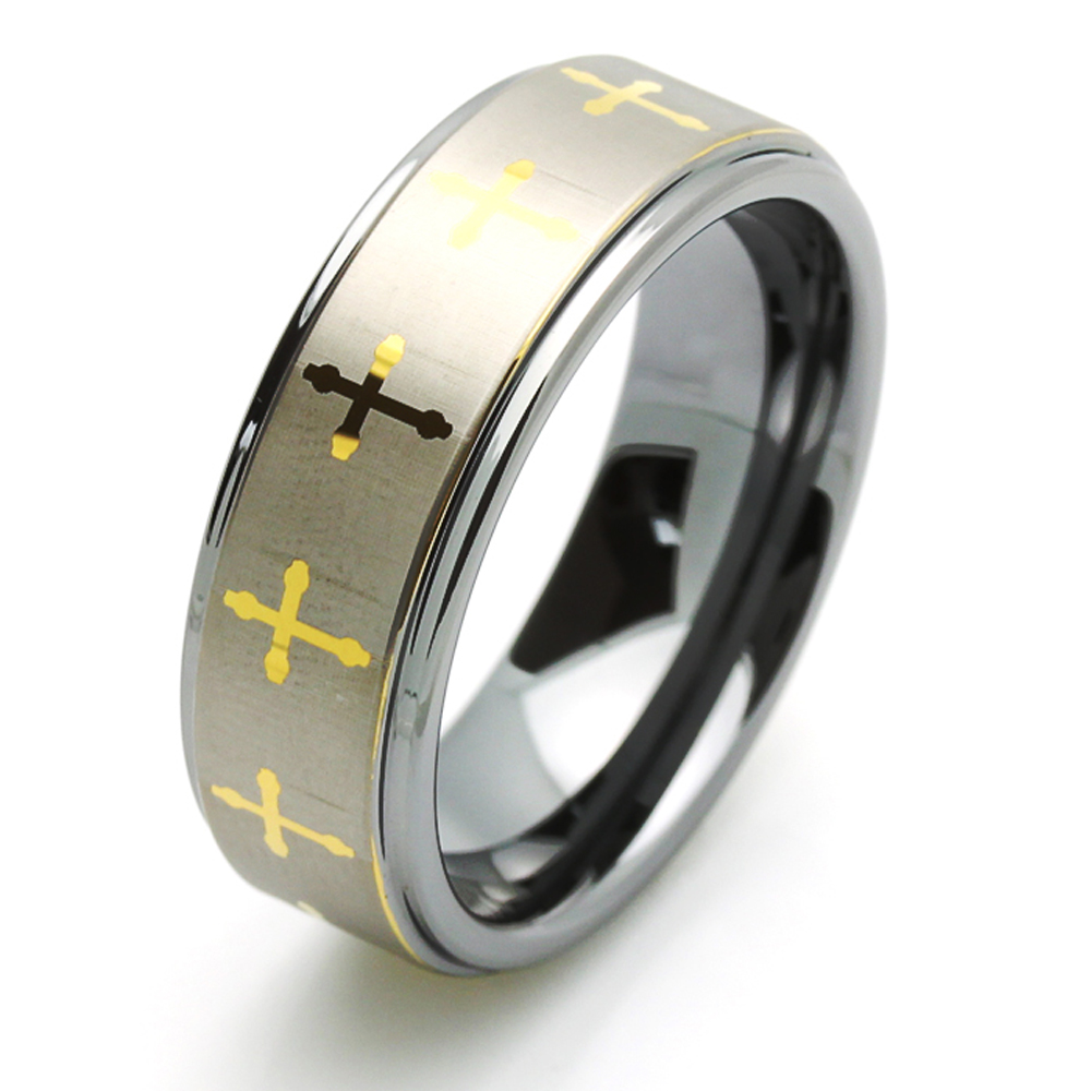 8MM Comfort Fit Tungsten Carbide Wedding Band Gold Tone Celtic Cross Ring
