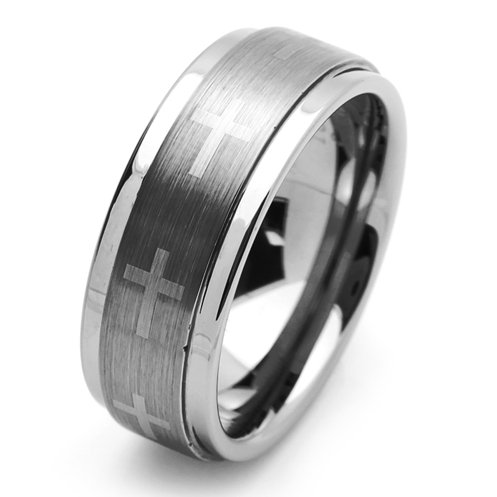 Men 9MM Tungsten Carbide Wedding Band Cross Engraved Ring /Free Gift Box