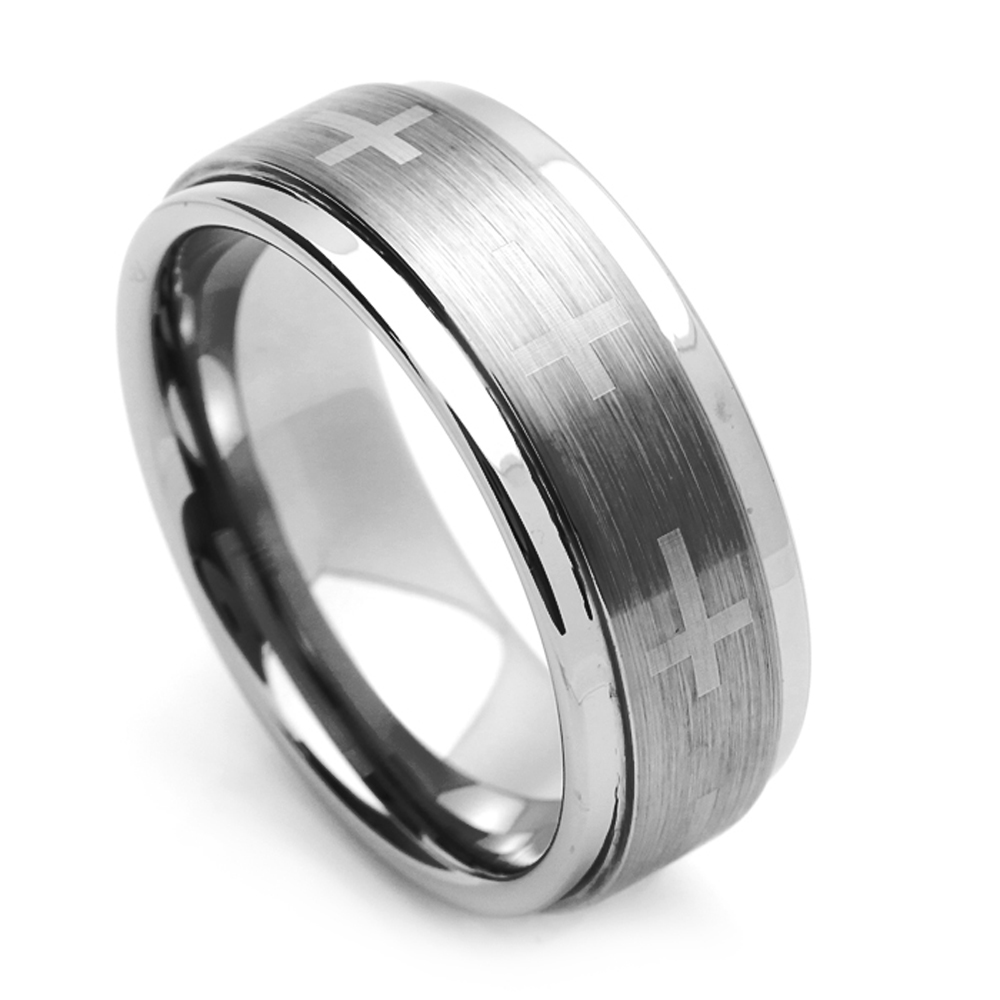 Men 9MM Tungsten Carbide Wedding Band Cross Engraved Ring /Free Gift Box