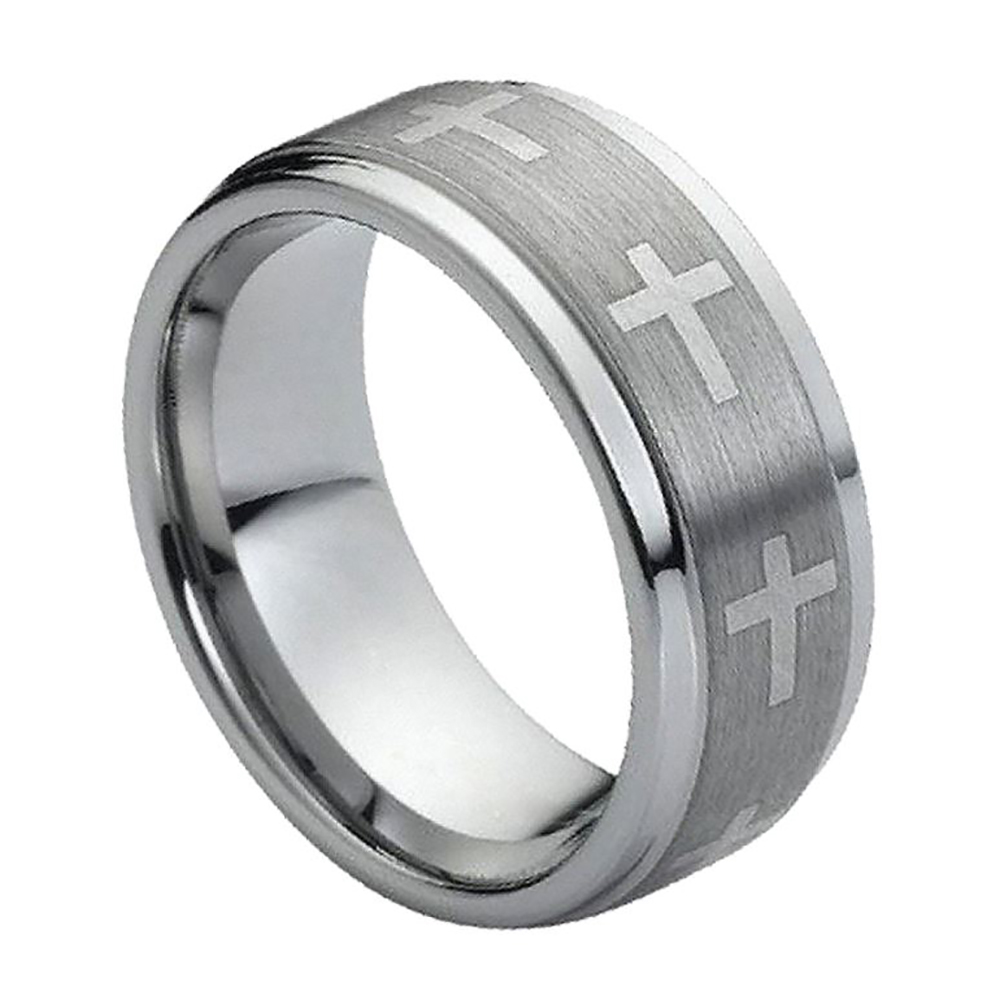 Men 9MM Tungsten Carbide Wedding Band Cross Engraved Ring /Free Gift Box