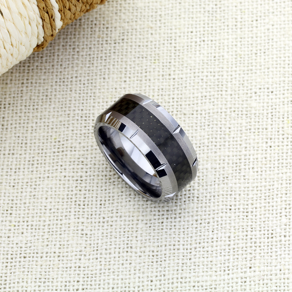 10MM Comfort Fit Tungsten Carbide Wedding Band Carbon Fiber Inlaid Ring