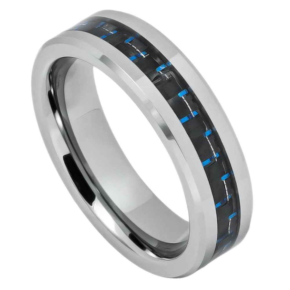6MM Comfort Fit Tungsten Carbide Wedding Band Carbon Fiber Inlaid Ring