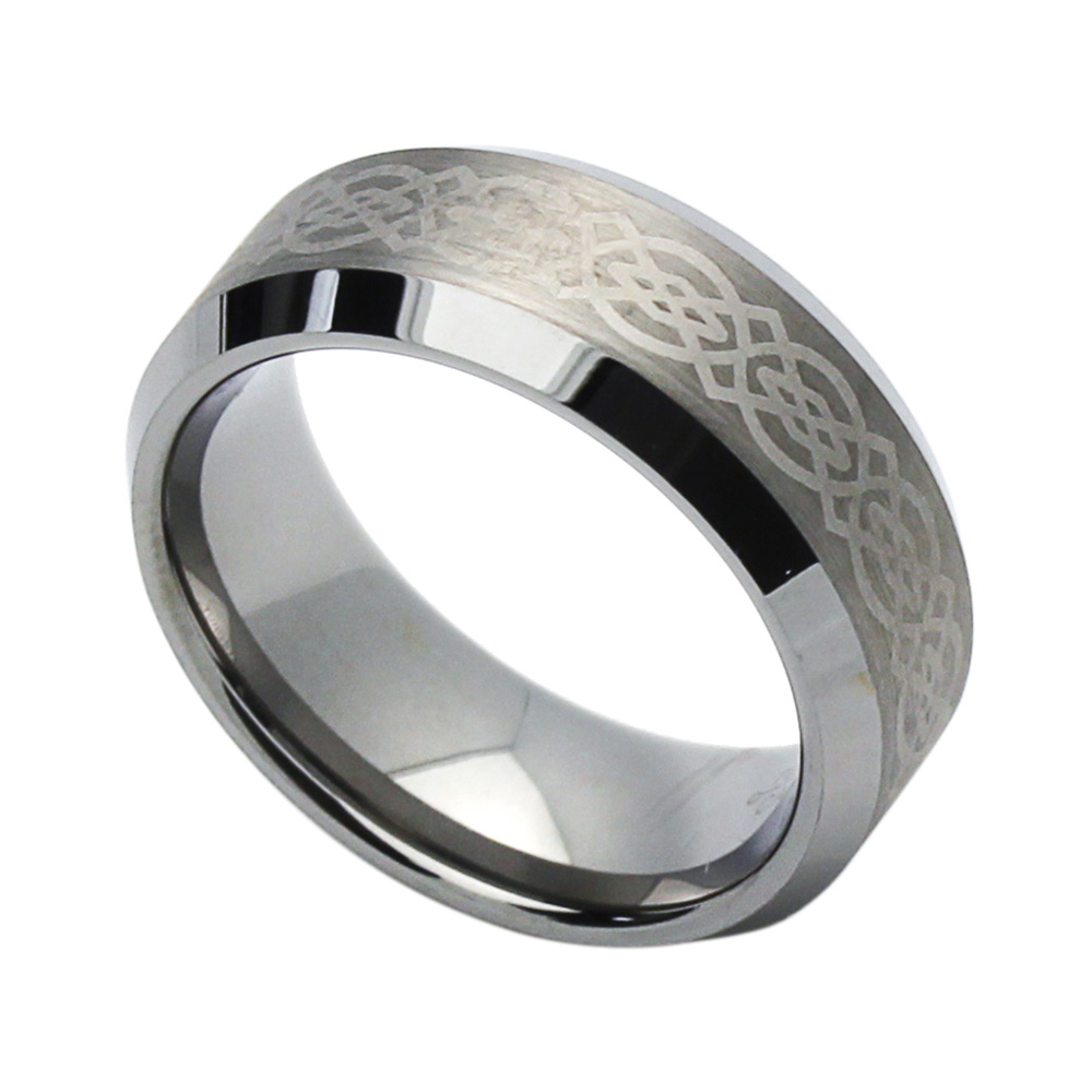 Men 8MM Tungsten Carbide Wedding Band Beveled Edges Celtic Knots Flat Ring